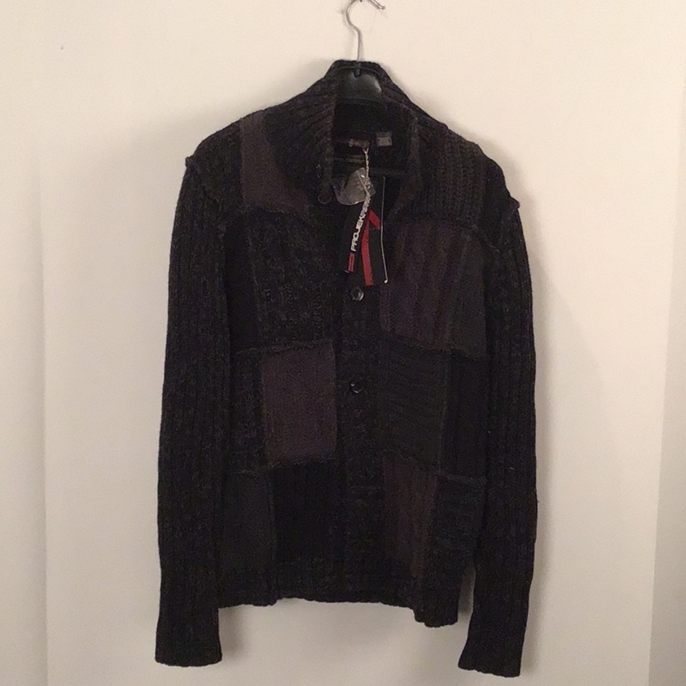 NWT Project Raw patchwork button up sweater. Charcoal grey & dark brown. Size L